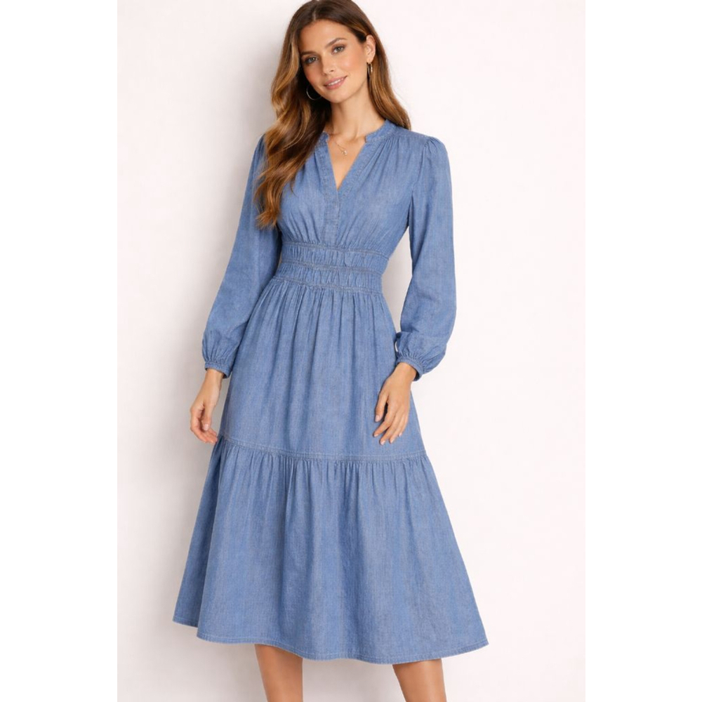 Women's Tommy Hilfiger Blue Long Sleeve Denim Tiered Midi Dress Size 2 NWT